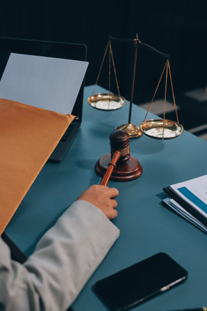 Judge gavel with Justice lawyers having team meeting at law firm background. Concepts of Law and...