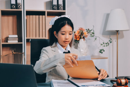 Judge gavel with Justice lawyers having team meeting at law firm background. Concepts of Law and Legal services.の写真素材