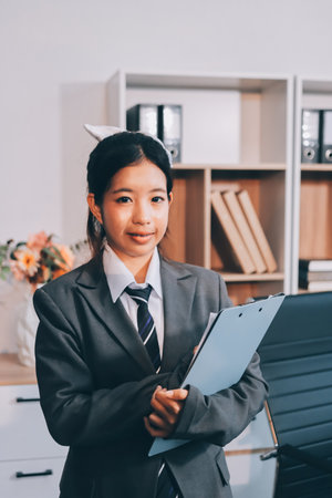 Portrait of Young Asian woman hand freelancer is working her job on computer tablet in modern office. Doing accounting analysis report real estate investment data, Financial and tax systems concept.の写真素材
