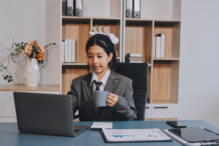 Asian Businesswoman Using laptop computer and working at office with calculator document on desk,...