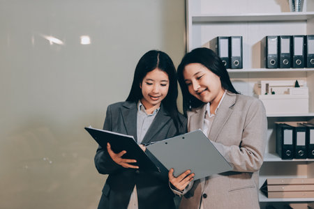 Entrepreneur Asian businessman and businesswoman discussing new business project in tablet in modern...