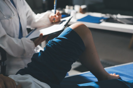 Female doctor hands doing physical therapy By extending the leg and knee of a male patient
