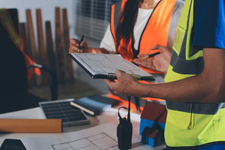 Closeup of team of industrial engineers meeting analyze machinery blueprints consult project on...
