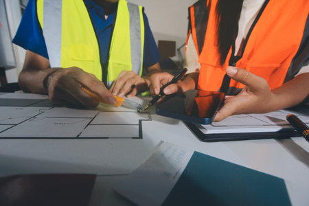Closeup of team of industrial engineers meeting analyze machinery blueprints consult project on table in manufacturing factory. Working in manufacturing plant or production plant.の写真素材