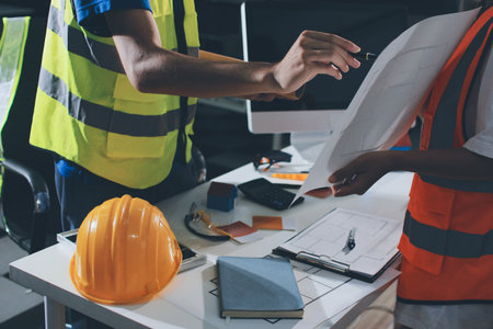 Closeup of team of industrial engineers meeting analyze machinery blueprints consult project on...