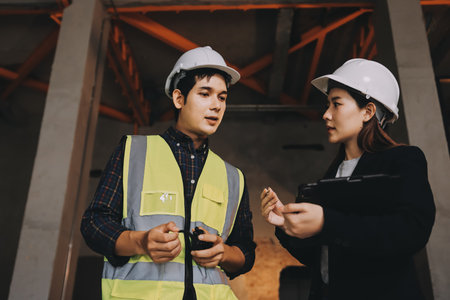 Construction manager and engineer dressed in orange work vests and hard helmets explore construction...