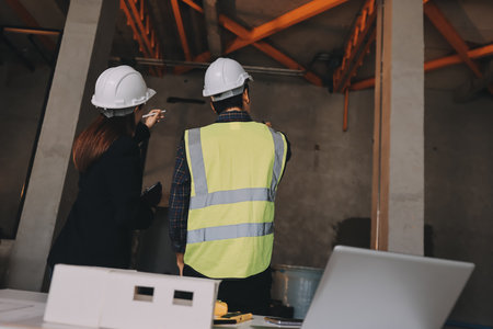 Construction manager and engineer dressed in work vests and hard helmets explore documentation on the building site near the steel framesの写真素材