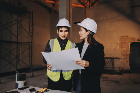 Construction manager and engineer dressed in orange work vests and hard helmets explore construction...