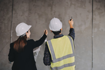 Construction manager and engineer dressed in orange work vests and hard helmets explore construction documentation on the building site near the steel framesの写真素材