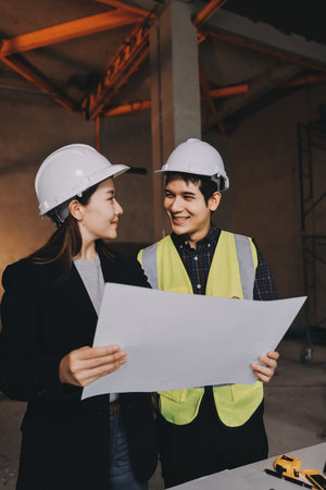 Construction manager and engineer dressed in orange work vests and hard helmets explore construction...