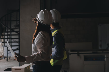 Construction manager and engineer dressed in orange work vests and hard helmets explore construction...