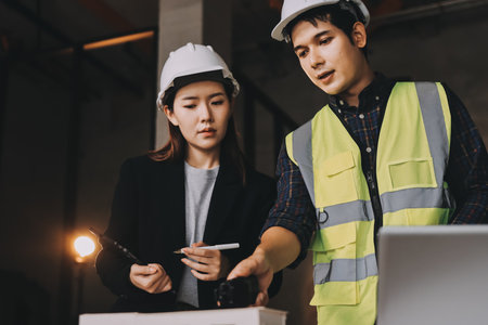 Construction manager and engineer dressed in orange work vests and hard helmets explore construction documentation on the building site near the steel framesの写真素材
