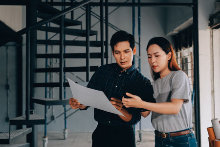 Construction manager and engineer explore construction documentation on the building site near the steel framesの写真素材