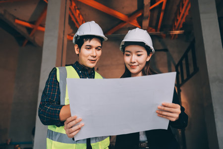Construction manager and engineer dressed in orange work vests and hard helmets explore construction...