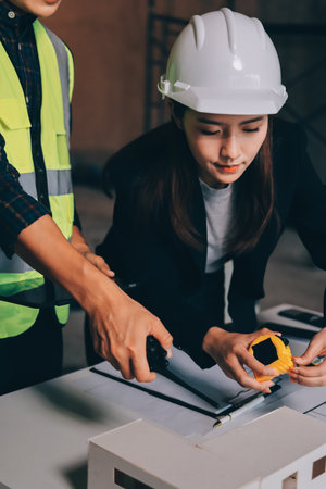 Construction manager and engineer dressed in safety vests and hard helmets explore construction documentation on the building site near the steel framesの写真素材