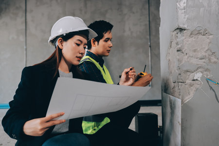 Construction manager and engineer dressed in orange work vests and hard helmets explore construction documentation on the building site near the steel framesの写真素材