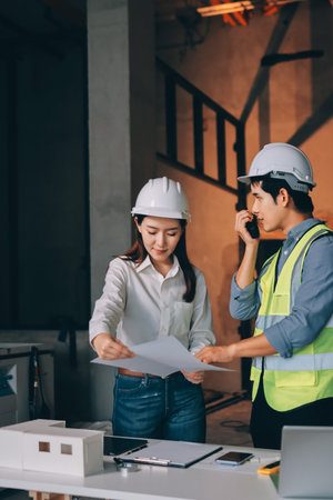 Construction manager and engineer dressed in orange work vests and hard helmets explore construction...