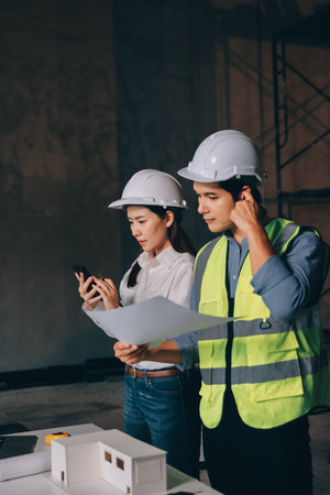 Construction manager and engineer dressed in orange work vests and hard helmets explore construction...