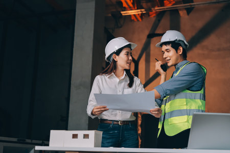 Construction manager and engineer dressed in orange work vests and hard helmets explore construction documentation on the building site near the steel framesの写真素材