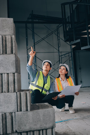 Construction manager and engineer dressed in orange work vests and hard helmets explore construction...
