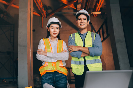 Construction manager and engineer dressed in orange work vests and hard helmets explore construction documentation on the building site near the steel framesの写真素材