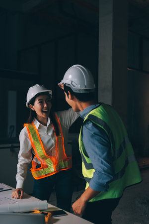 Construction manager and engineer dressed in orange work vests and hard helmets explore construction...