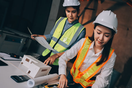 Construction manager and engineer dressed in orange work vests and hard helmets explore construction documentation on the site near the steel framesの写真素材