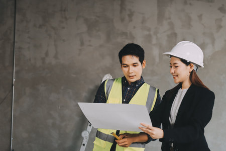 Construction manager and engineer dressed in orange work vests and hard helmets explore construction documentation on the building site near the steel framesの写真素材