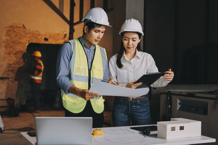 Construction manager and engineer dressed in orange work vests and hard helmets explore construction...