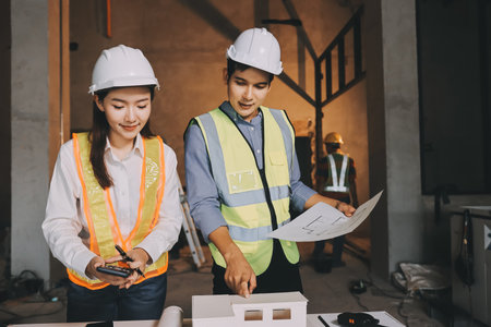 Construction manager and engineer dressed in orange work vests and hard helmets explore construction documentation on the building site near the steel framesの写真素材