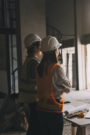 Construction manager and engineer dressed in orange work vests and hard helmets explore construction...