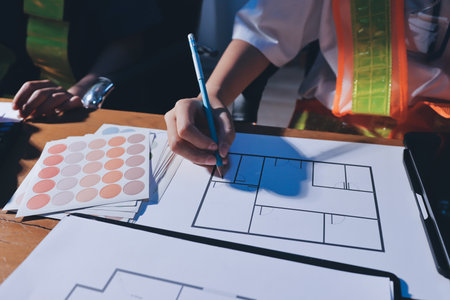 Closeup of team of industrial engineers meeting analyze machinery blueprints consult project on...