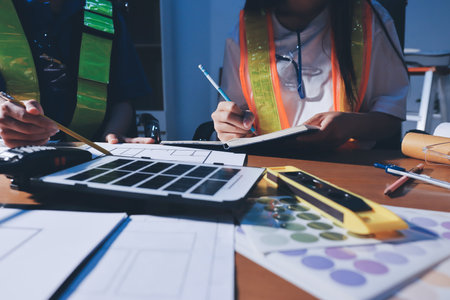 Closeup of team of industrial engineers meeting analyze machinery blueprints consult project on table in manufacturing factory. Working in manufacturing plant or production plant.の写真素材
