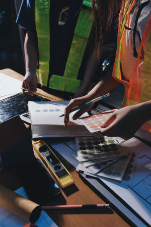 Closeup of team of industrial engineers meeting analyze machinery blueprints consult project on table in manufacturing factory. Working in manufacturing plant or production plant.の写真素材