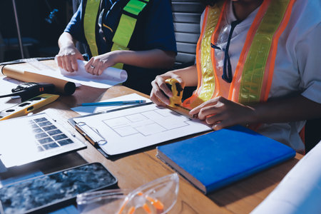Closeup of team of industrial engineers meeting analyze machinery blueprints consult project on table in manufacturing factory. Working in manufacturing plant or production plant.の写真素材