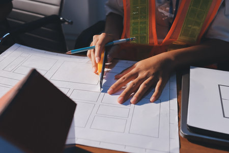 Closeup of team of industrial engineers meeting analyze machinery blueprints consult project on...