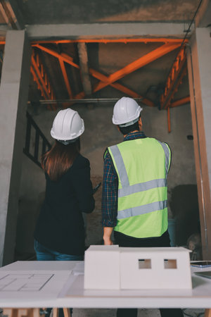 Construction manager and engineer dressed in orange work vests and hard helmets explore construction...
