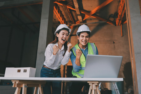 Construction manager and engineer dressed in orange work vests and hard helmets explore construction...