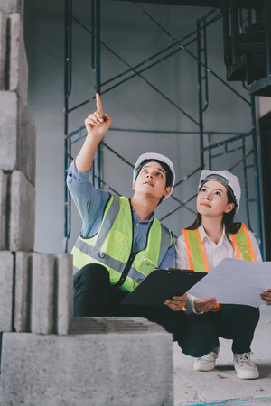 Construction manager and engineer dressed in orange work vests and hard helmets explore construction...