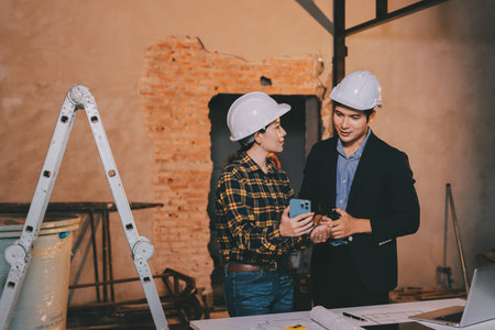 Construction manager and engineer dressed in orange work vests and hard helmets explore construction documentation on the building site near the steel framesの写真素材