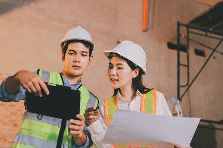 Construction manager and engineer dressed in orange work vests and hard helmets explore construction documentation on the building site near the steel framesの写真素材