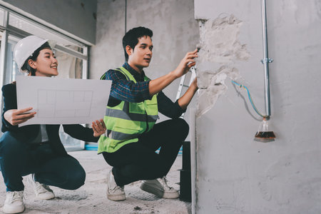 Construction manager and engineer dressed in orange work vests and hard helmets explore construction documentation on the building site near the steel framesの写真素材