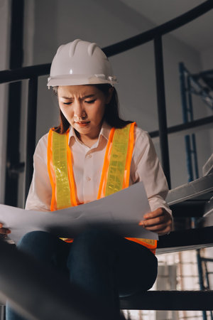 Construction manager and engineer dressed in orange work vests and hard helmets explore construction...