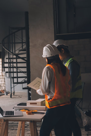 Construction manager and engineer dressed in orange work vests and hard helmets explore construction...