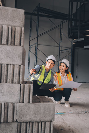 Construction manager and engineer dressed in orange work vests and hard helmets explore construction...