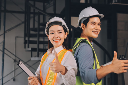 Construction manager and engineer dressed in orange work vests and hard helmets explore construction...