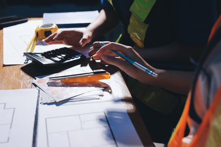 Closeup of team of industrial engineers meeting analyze machinery blueprints consult project on table in manufacturing factory. Working in manufacturing plant or production plant.の写真素材