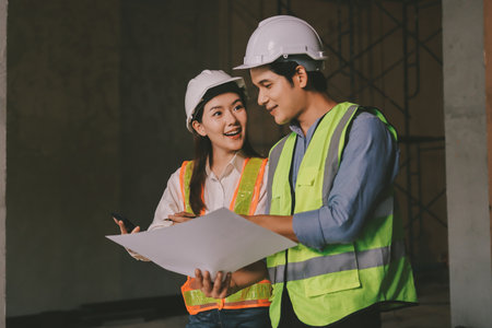 Construction manager and engineer dressed in orange work vests and hard helmets explore construction...