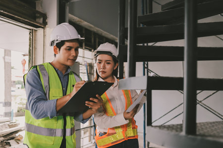 Construction manager and engineer dressed in orange work vests and hard helmets explore construction...