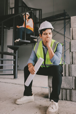 Construction manager and engineer dressed in orange work vests and hard helmets explore construction...